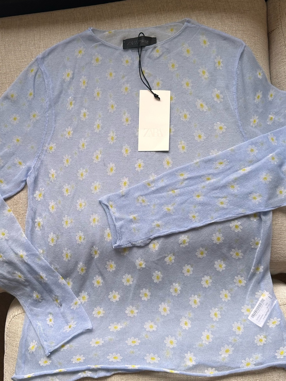 Zara Light Blue Daisy-Print Long Sleeve Top